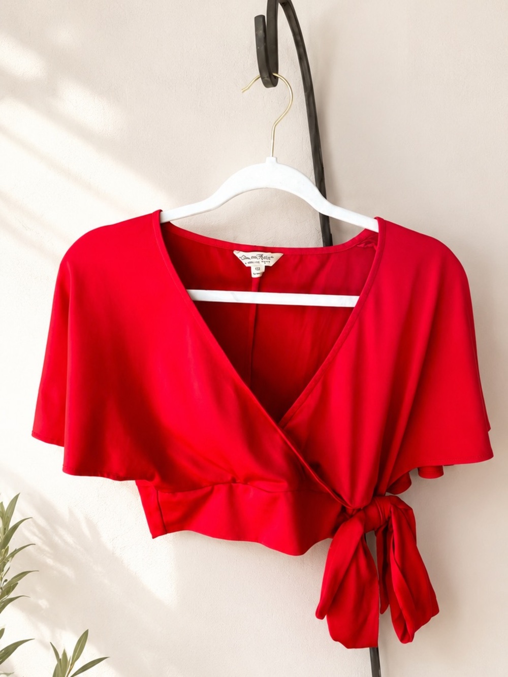 Miss Selfridge Red Wrap Crop Top | Flutter Sleeve Tie Waist Blouse | US 6